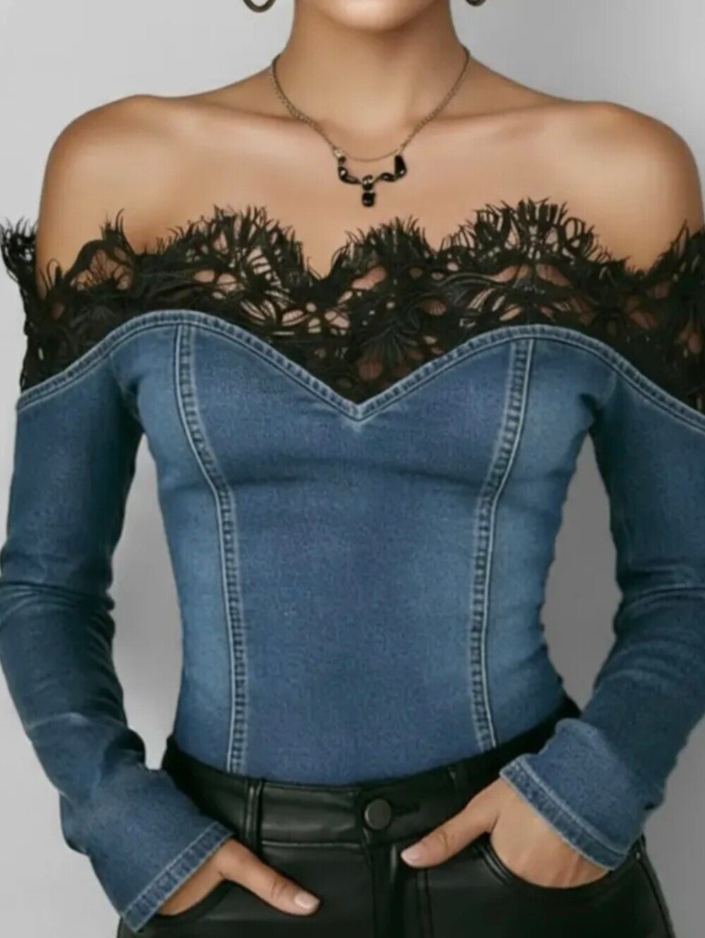 Women's Off Shoulder Eyelash Lace Trim Denim Long Sleeve Top, Sexy V Neck - Picture 1 of 6